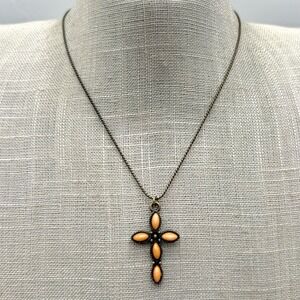 Robert‎ Rose Necklace Coral Tone Cross Pendant Brass Tone Chain Dainty 16 Inch